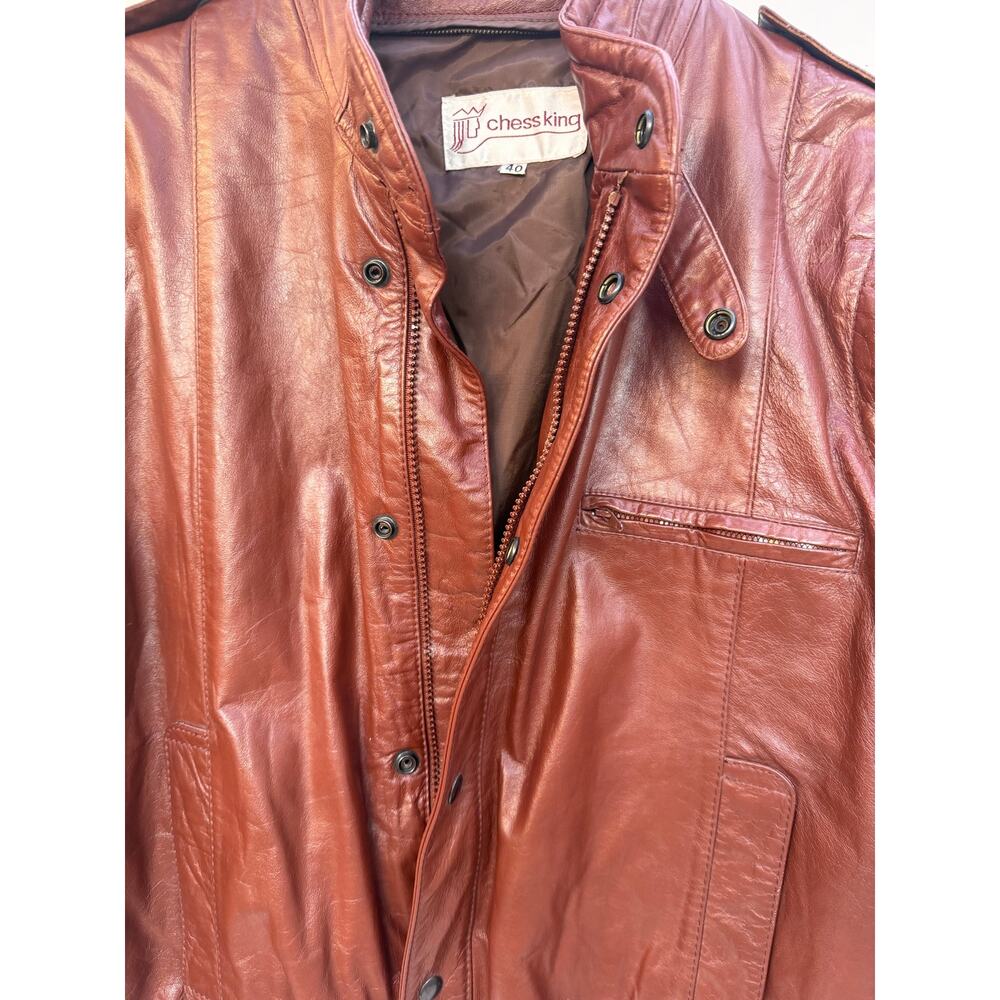 Chess King Leather Bomber Jacket Mens 40 Brown Vintage Snap Front Cafe Racer - Picture 4 of 4